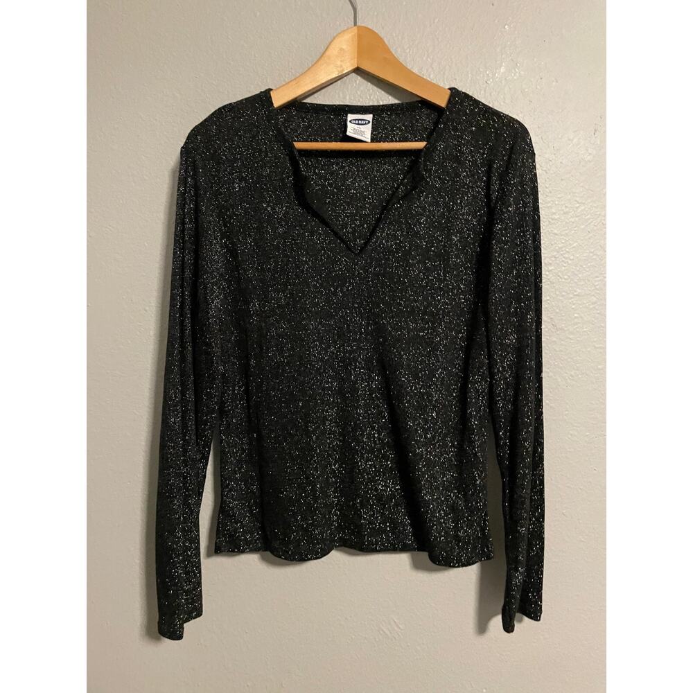 Vintage Old Navy Womens Top XL Black Glitter Long Sleeve V Neck Grunge Y2K 2001